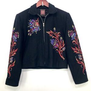 Signature Gordon & James Black Wool Colorful Embroidered Crop Jacket